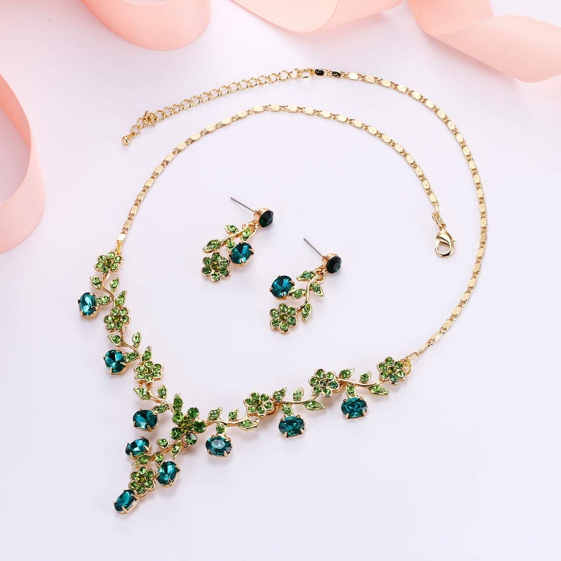 EVER FAITH Wedding Jewelry Set for Bride Austrian Crystal Cluster Flower Leaf Necklace Earrings Sets Green Gold-Plated-Base - Image 4